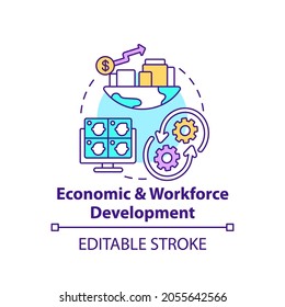 Economic And Workforce Development Concept Icon. Technology Improvement. Financial Management. Digital Inclusion Idea Thin Line Illustration. Vector Isolated Outline RGB Color Drawing. Editable Stroke