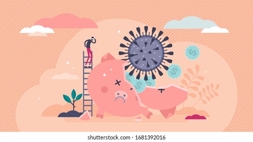 Economical crash concept, flat tiny person vector illustration. Broken piggy bank by Corona virus COVID-19 pandemic crash. World wide business money fund crisis and loss of personal family savings.