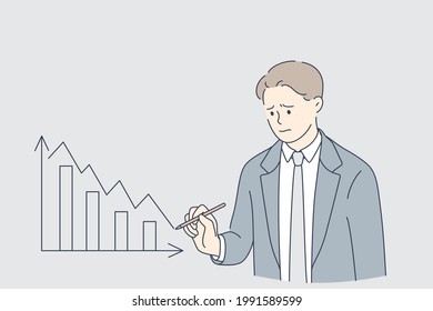 Desaceleración económica, deudas, concepto de bancarrota. Jóvenes hombres de negocios frustrados caricaturistas escribiendo flechas regresivas a bordo trabajando durante tiempos de gran depresión ilustración vectorial 