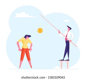 Economical Loan Payback Problem Bankruptcy. Pressured Office Worker with Unpaid Loan Debt Show Empty Pockets to Businessman Holding Rod with Bait Coin. Budget Collapse Cartoon Flat Vector Illustration