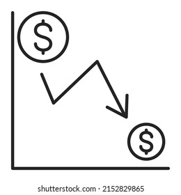 Economical value of dollar falling down vector isolated. Icon of a coin and arrow down, concept of financial crisis. Economy decrease and recession