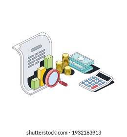Economics, accounting, financial analytics, calculator. Vector 3d line isometric, color web icons, new flat style. Creative illustration, design idea for infographics.