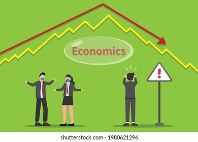 Economics bubble vector concepts. Panic business people with economics bubble, warning sign, and declining financial graph