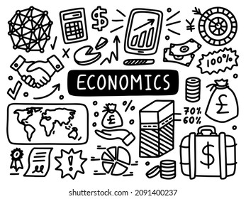 Economics business doodle line set school university. Outline subject. Vector illustration