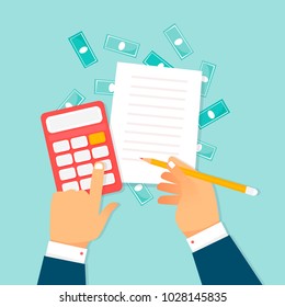 Economics, calculations, hands with a calculator and money. Flat design vector illustration.