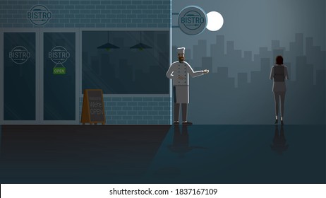 Economics crisis bistro restaurant. Small business owner chef beard man stand at shop for invite customer on pathway. Lonely in dark full moonlight. Lonely people in city scene. Vector concept scene.