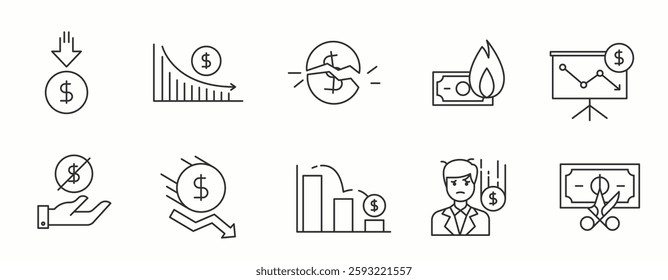  Economics Crisis line Icon Set. growth, loss, decline, risk, market, analysis . Vector Illustration