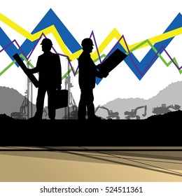 Economics data chart and engineers silhouettes and electricity wind turbines with excavator loaders and tractors digging at industrial construction site vector background illustration