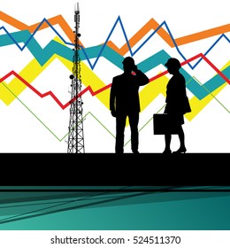 Economics data chart and engineers silhouettes and mobile phone telecommunications radio tower base station with in abstract background vector illustration