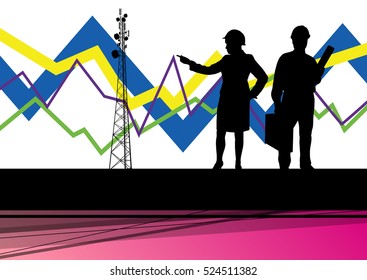 Economics data chart and engineers silhouettes and mobile phone telecommunications radio tower base station with in abstract background vector illustration