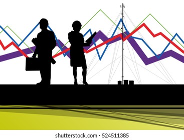 Economics data chart and engineers silhouettes and mobile phone telecommunications radio tower base station with in abstract background vector illustration
