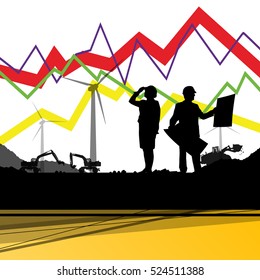 Economics data chart and engineers silhouettes and electricity wind turbines with excavator loaders and tractors digging at industrial construction site vector background illustration