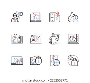 Economics and finance - colorful line design style icons with editable stroke. Red and blue images on the topic of economic recession, unemployment, food prices hikes, stock market crash. Crisis idea