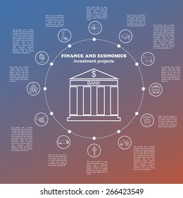 Economics and finance infographic. Investment projects. Banks. Elements for creating your own infographic. Vector illustration