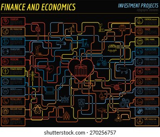 Economics and finance infographic. Investment projects. Banks. Elements for creating your own infographic. Vector illustration