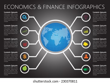 Economics & Finance Infographics, Blue Globe Abstract on Black Background. Business Icon and Text Information Design. Vector Illustration.
