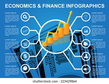Economics & Finance Infographics, Finance and Trade infographics, Graph with Coins Bars and Text Information Design. Workflow/Element Layout Business Design Elements.  Vector Illustration.