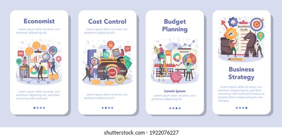 Economics and finance mobile application banner set. Business people work with budjet, cost control. Idea of economic analysis and money making. Business strategy. Vector flat illustration