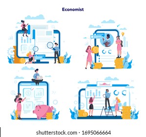 Economics and finance online service on differernt device, computer, laptop, tablet and smartphone. Investment consultation and audit. Business capital lending. Vector illustration set