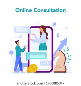 Economics and finance online service or platform. Business people work with money. Online consultation. Vector illustration in cartoon style