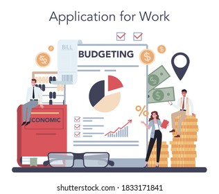Economics and finance online service or platform. Business people work with budjet. Idea of investment and money making. Application. Vector illustration