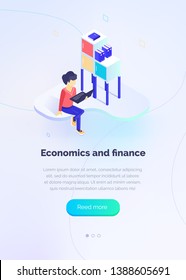 Economics and finance. A specialist with a laptop monitors performance. Economic statistics. Accounting. Modern vector illustration isometric style.