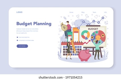Economics and finance web banner or landing page. Business people work with budjet, cost control. Idea of economic analysis and money making. Business strategy. Vector flat illustration