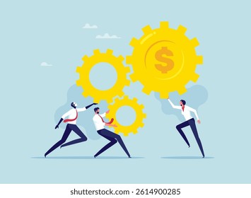 Economics and financial management concept, business team connecting gears and generating money, drive profitable business