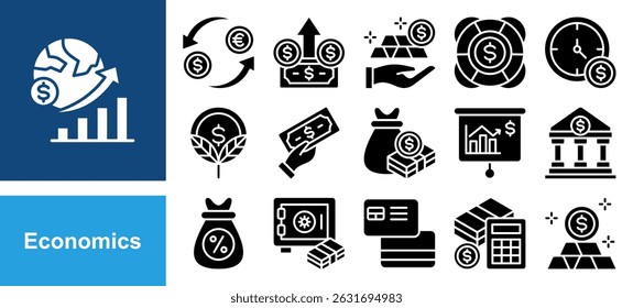 Economics icon collection set. Containing Currency Exchange, Dollar, Assets, Help, Cost, Money Growth icon. Simple flat vector.