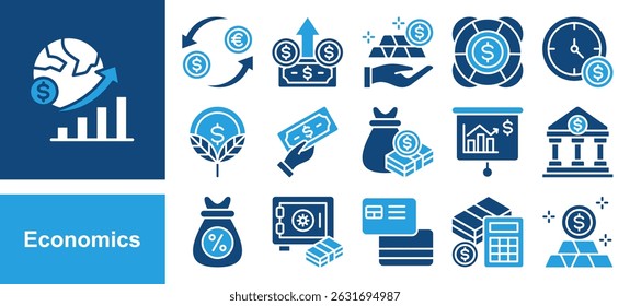 Economics icon collection set. Containing Currency Exchange, Dollar, Assets, Help, Cost, Money Growth icon. Simple flat vector.