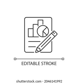 Economics linear icon. Graphs, diagrams, pencil. Plan, report preparation. Economics classes. Thin line customizable illustration. Contour symbol. Vector isolated outline drawing. Editable stroke