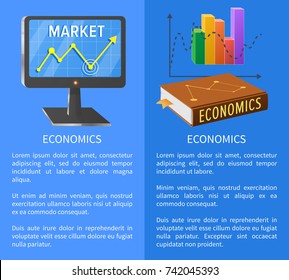 Economics Market Poster With Screen Showing Rising Arrow, Book On Marketing And Chart Graphics Vector Illustrations With Text