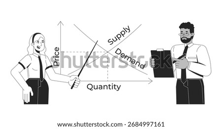 Economics presentation with supply and demand chart line illustration concept. Corporate woman explaining price quantity graph business outline 2D characters isolated. Ink linear metaphor vector art