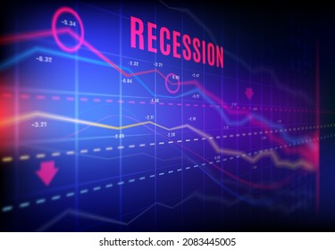 Economics recession, crashed stock market and trading loss vector graphs with indicators turned down, decline charts, red arrows. Blurred trading screen for finance crisis and business bankruptcy