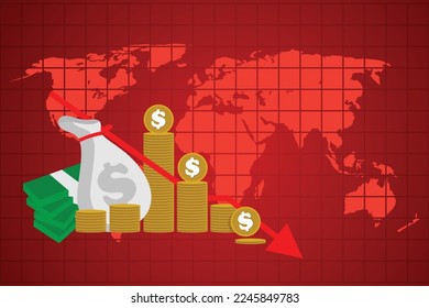 Economics recession, crashed stock market and trading loss vector graphs with indicators turned down, decline charts, red arrows. 