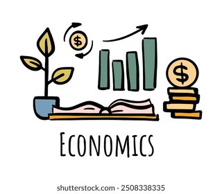 Escuela de economía o asignatura universitaria. Iconos planos de dibujos animados de Vector para el currículo de los estudiantes. Disciplina para los alumnos, conocimientos sobre capital y finanzas, economía y depósitos, banca y Estadísticas