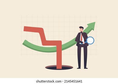 Economics, Stagflation Or Recession-inflation Is A Situation In Which The Inflation Rate Is High. Businessman Standing And Looking At The Downward Arrow Graph In Surprise And Wonder.