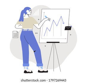 Economics strategy, analysis of sales, statistic, data collection illustration for banner, landing web page. Analyst collect data and analyse business, business solution . Woman discuss presentation.