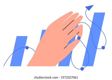 Economics strategy, analysis of sales, statistic, data stat arrow illustration for banner, landing web page. Analyst hand collect data and analyse business, business solution for ui or mobile app.