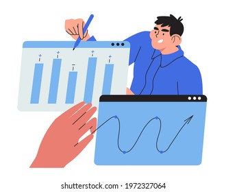 Economics strategy, analysis of sales, statistic, data collection illustration for banner, landing web page. Analyst collect data and analyse business, business solution . Man discuss presentation.