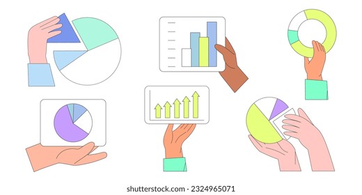 Estrategia económica, análisis de ventas, estadística, conjunto de ilustraciones estadísticas de datos o recopilación de banner, página web de aterrizaje. Los analistas recopilan datos a mano y analizan la solución empresarial.