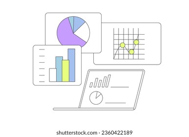 Estrategia económica, análisis de ventas, estadística, conjunto de ilustraciones estadísticas de datos o recopilación de banner, página web de aterrizaje. Analista portátil con datos recopilados y análisis para soluciones empresariales.