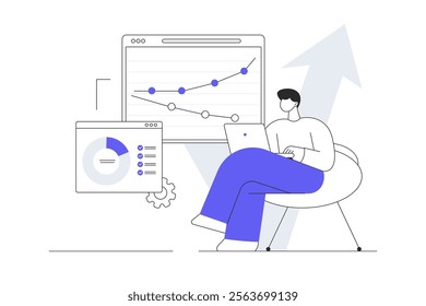 Economics strategy, analysis of sales, statistic grow data. Collect data and analyse business, investment in innovation. Make presentation. Flat Cartoon Vector Illustration, icon. Stylish abstract