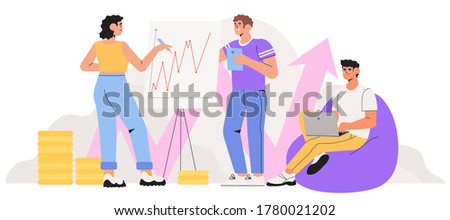 Economics strategy, analysis of sales, statistic grow data illustration for banner, landing or web page. People collect data and analyse business, investment in innovation. Team make presentation.