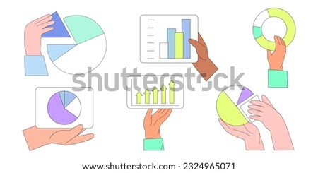 Economics strategy, analysis of sales, statistic, data statistic illustration set or collection for banner, landing web page. Analyst hand collect data and analyse business, business solution.