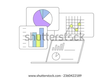 Economics strategy, analysis of sales, statistic, data statistic illustration set or collection for banner, landing web page. Analyst laptop with collected data and analysis for business solution.