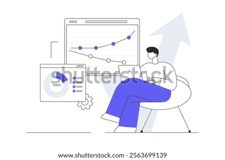 Economics strategy, analysis of sales, statistic grow data. Collect data and analyse business, investment in innovation. Make presentation. Flat Cartoon Vector Illustration, icon. Stylish abstract