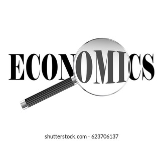 Economics text viewed under magnifying glass illustration