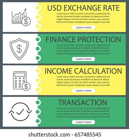 Economics web banner templates set. Market growth chart, finance protection, income calculation, transaction. Website color menu items with linear icons. Vector headers design concepts