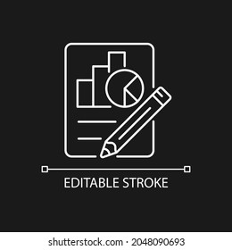 Economics white linear icon for dark theme. Graphs, diagrams, pencil. Plan, report preparation. Thin line customizable illustration. Isolated vector contour symbol for night mode. Editable stroke